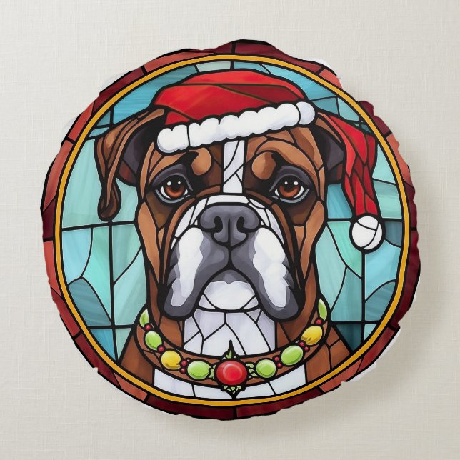 Boxer Stected Glass Christmas Rundes Kissen (Rückseite)