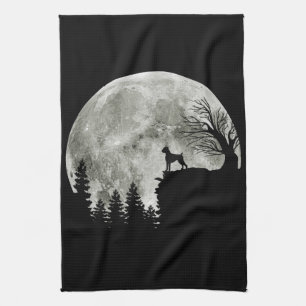 Boxer Stehend auf Mountain Moon Light Halloween Geschirrtuch