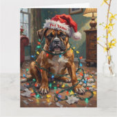 Boxer Tangled in Christmas Lights Guilty Hat Karte (Gelbe Blume)