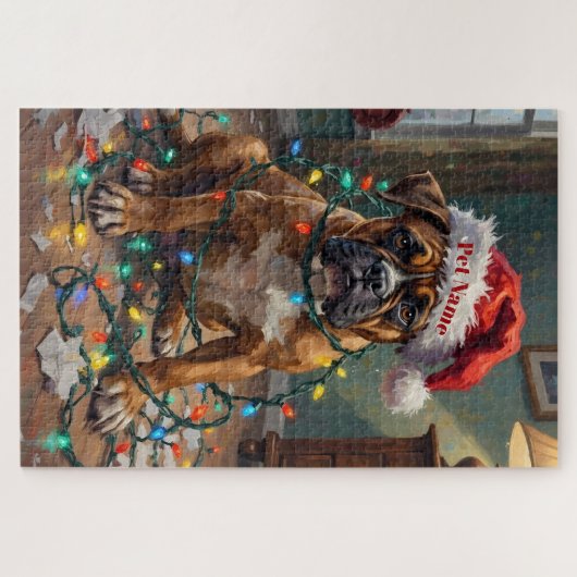 Boxer Tangled in Christmas Lights Guilty Hat Puzzle (Horizontal)