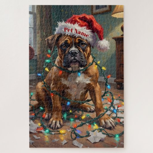 Boxer Tangled in Christmas Lights Guilty Hat Puzzle (Vertikal)