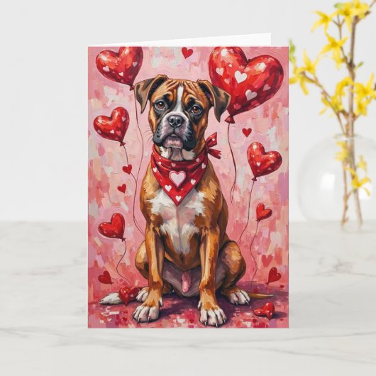Boxer Valentinstag Hund mit Herzen Rot Karte (Gelbe Blume)