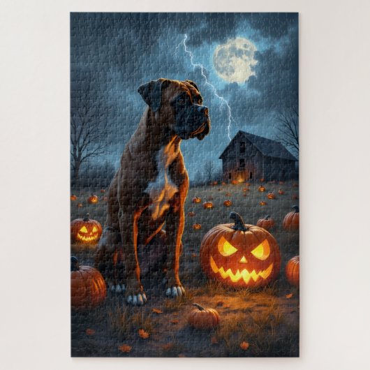 Boxer Verlassener Kürbisacker Halloween Kunst Puzzle (Vertikal)