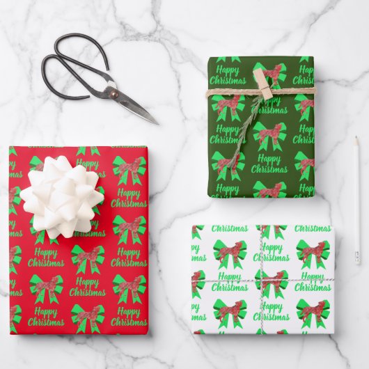 Boxer Weihnachtshund & Green Bow 3 Farbe Geschenkpapier Set (Vorderseite)