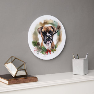 Boxer Weihnachtskranz Festiver Hund Große Wanduhr