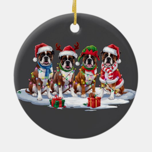 Boxer-Weihnachtsmannmütze will Weihnachtsbeleuchtu Keramik Ornament (Hinten)