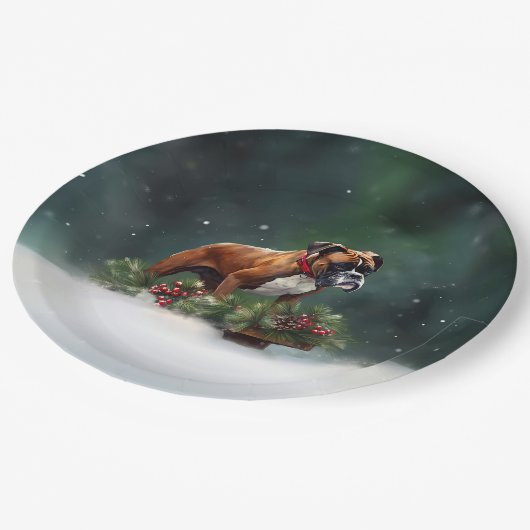 Boxer Weihnachtsschnee Winter Pappteller (Schrägansicht)