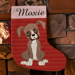 Boxer Welpe auf der Red Christmas Pattern Kleiner Weihnachtsstrumpf