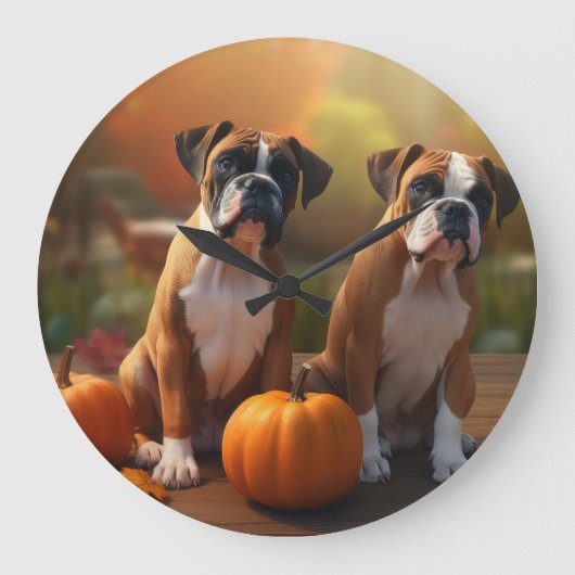 Boxer Welpe Autumn Delight Pumpkin Große Wanduhr (Vorderseite)