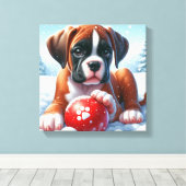Boxer Welpe im Schnee mit Red Toy Ball Leinwanddruck (Insitu (Holzboden))