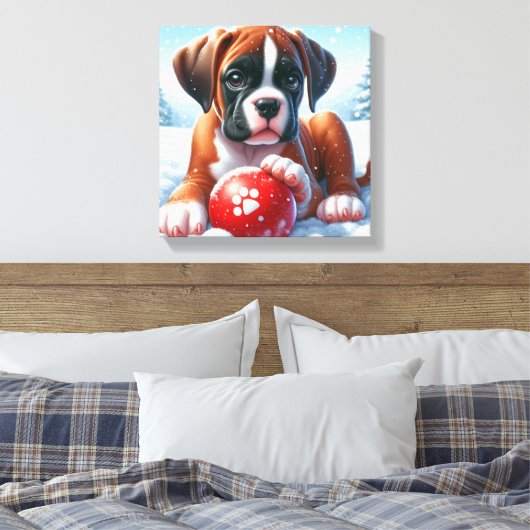 Boxer Welpe im Schnee mit Red Toy Ball Leinwanddruck (Insitu (Schlafzimmer))