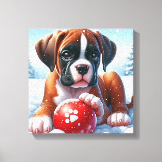 Boxer Welpe im Schnee mit Red Toy Ball Leinwanddruck (Vorderseite)