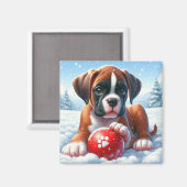 Boxer Welpe im Schnee mit Red Toy Ball Magnet (Vorderseite/Rückseite)
