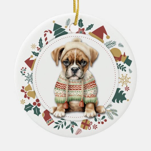 Boxer Welpe im Winter Weihnachten im Winter Keramik Ornament (Vorne)