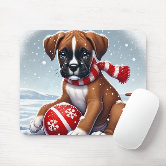 Boxer Welpe in Snowy Landschaft Ball halten Mousepad (Mit Mouse)