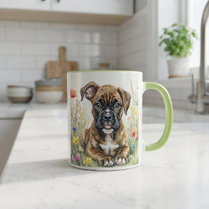 Boxer-Welpe mit Wasserfarben-Blumen Tasse