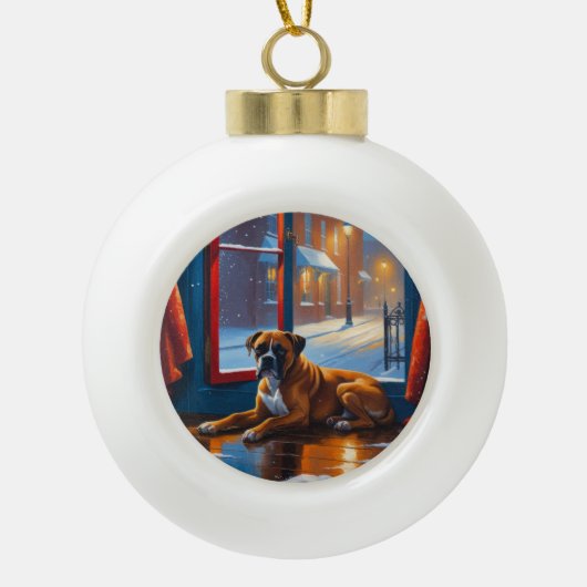 Boxer with Christmas Lights Holiday Keramik Kugel-Ornament (Vorderseite)