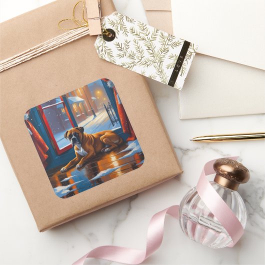 Boxer with Christmas Lights Holiday Quadratischer Aufkleber (Schenken)