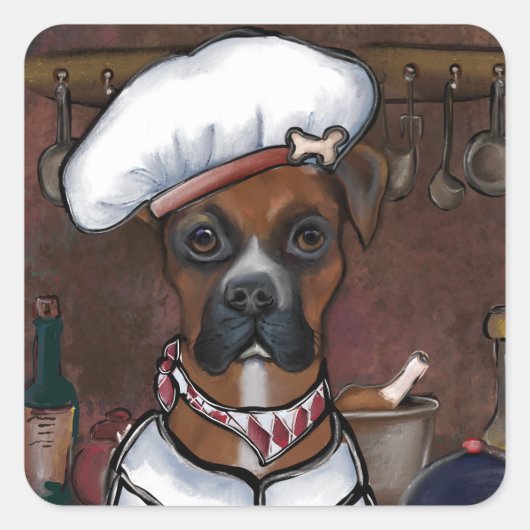 BOXERHUND KOCHEN QUADRATISCHER AUFKLEBER (Vorderseite)