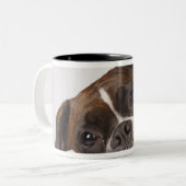 Boxerhund mit Kopfhörern Zweifarbige Tasse (Vorderseite Links)