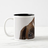 Boxerhund mit Kopfhörern Zweifarbige Tasse (Links)