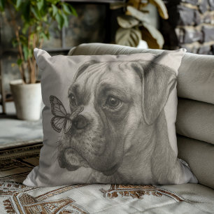 Boxerhund mit sanfter Begegnung mit Schmetterling Kissen