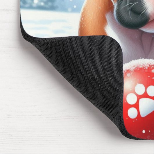 Boxerpuppchen mit rotem Ball im Winter Mousepad (Ecke)