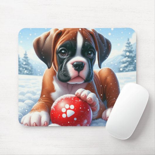 Boxerpuppchen mit rotem Ball im Winter Mousepad (Mit Mouse)