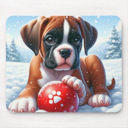 Boxerpuppchen mit rotem Ball im Winter Mousepad (Vorne)