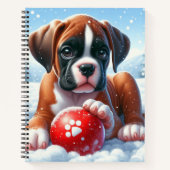 Boxerpuppchen mit rotem Ball im Winter Notizblock (Vorderseite)