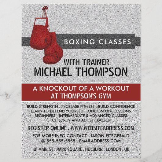 Boxhandschuhe mit rotem Gran, Boxklassenwerbung Flyer (Vorne)