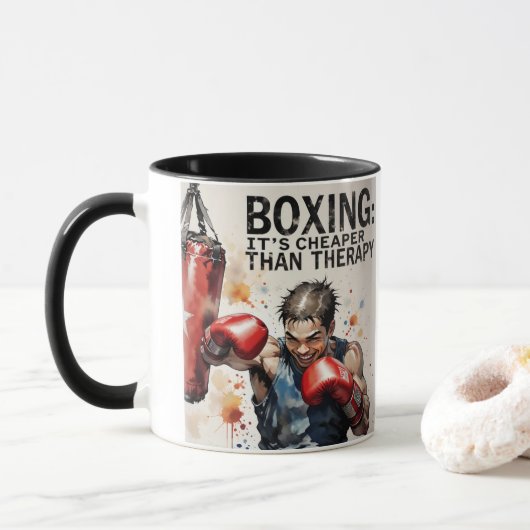 “Boxing – It’s Cheaper Than Therapy Mug” Tasse (Mit Donut)
