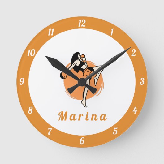 Boxing Martial Arts Girl Boxer Orange Kinder Name Runde Wanduhr (Vorderseite)