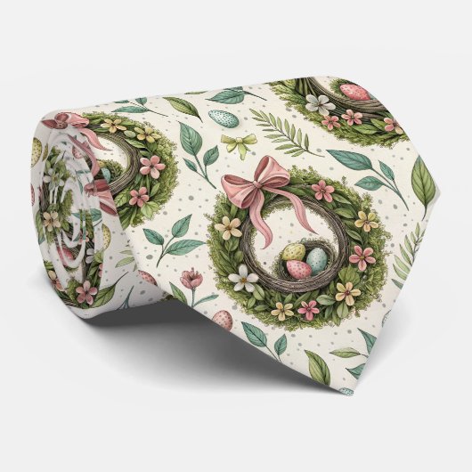 Boxwood Easter Wreath Pink Bow with Egg Krawatte (Gerollt)