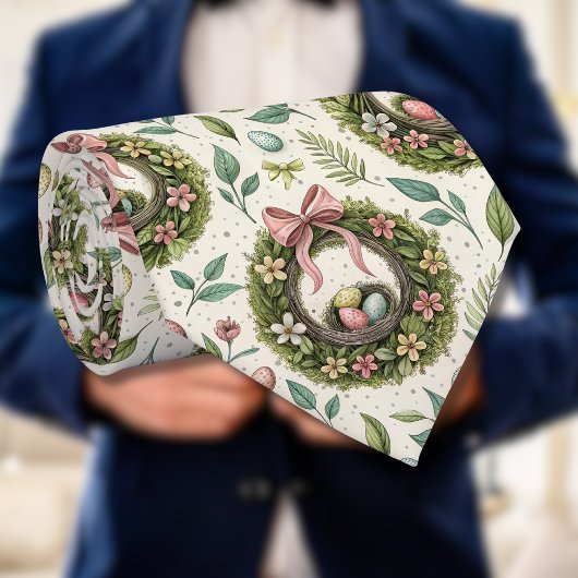 Boxwood Easter Wreath Pink Bow with Egg Krawatte