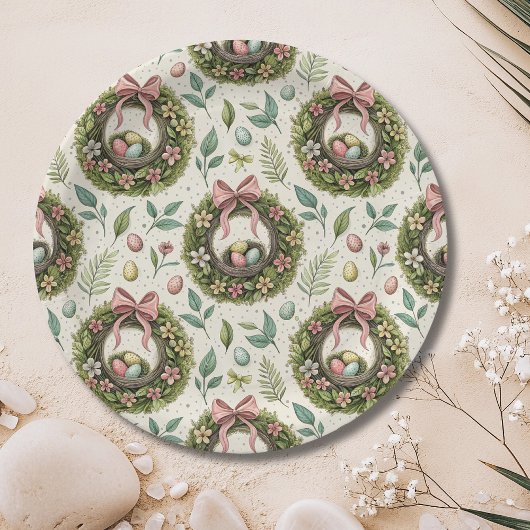 Boxwood Easter Wreath Pink Bow with Egg Pappteller