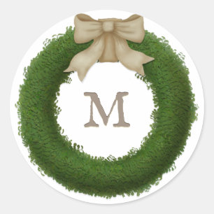 Boxwood-Kranz mit rustikalem Bow-Mit Monogramm Runder Aufkleber