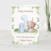 Boy 1st Birthday Greenery Teddy Bear Card Karte (Vorderseite)