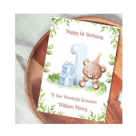 Boy 1st Birthday Greenery Teddy Bear Card Karte