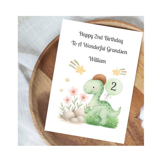 Boy 2nd Birthday Green Orange Dinosaur Card Karte
