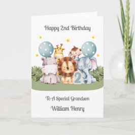 Boy 2nd Birthday Safari Leaf Animals Card Karte