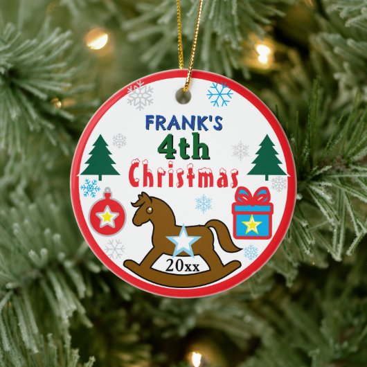 Boy 4th Christmas Rocking Horse INSERT PHOTO Keramik Ornament (Baum)