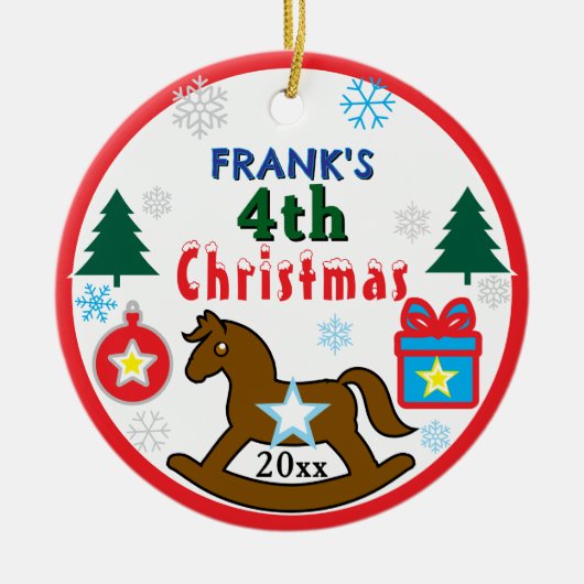 Boy 4th Christmas Rocking Horse INSERT PHOTO Keramik Ornament (Vorne)