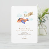 Boy Adventure Travel Aviator Airplane Babydusche Einladung (Stehend Vorderseite)