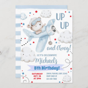 Boy airplane party invitation, bear plane birthday einladung