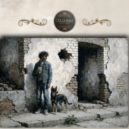 Boy and Dog in Urban Ruins Neutral Tones decoupage Seidenpapier