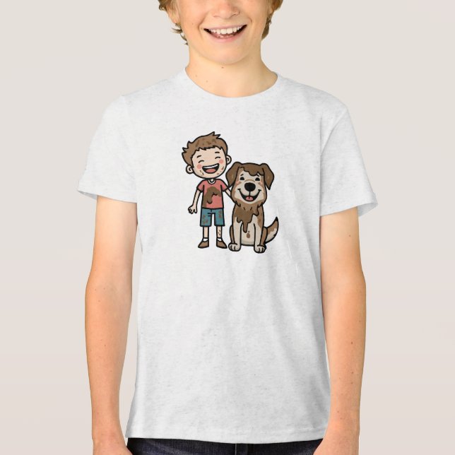 Boy and Dog Playing Mud Tri-Blend Shirt (Vorderseite)