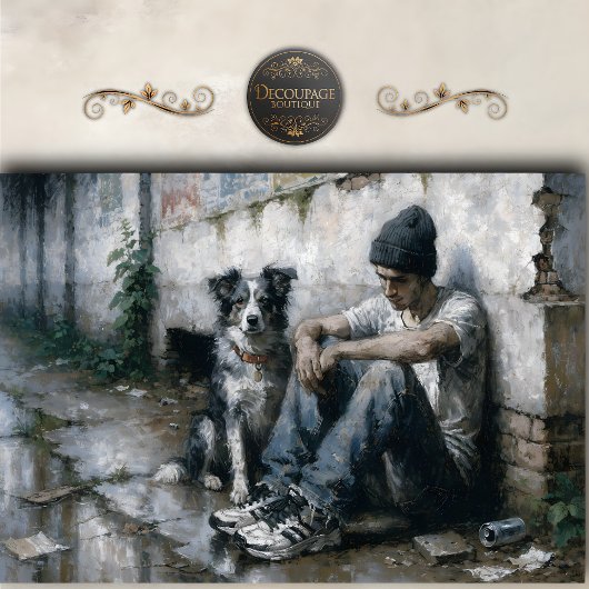 Boy and Dog Rainy Urban Stillness Decoupage Seidenpapier