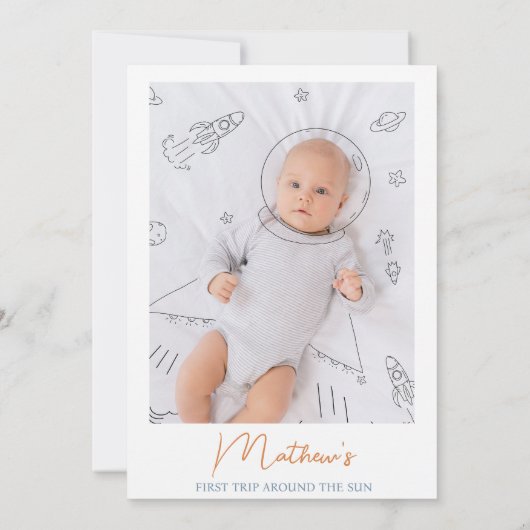 Boy Astronaut Foto Erster Ausflug rund um die Sonn Einladung (Rückseite)