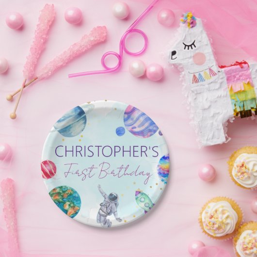 Boy Astronaut Gold Blue Rocket Ship Planet Pappteller (Party)